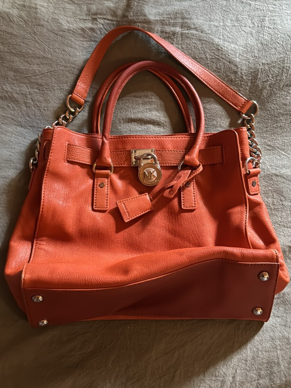 Michael Kors Orange Leather Satchel Handbag with Silver Hardware